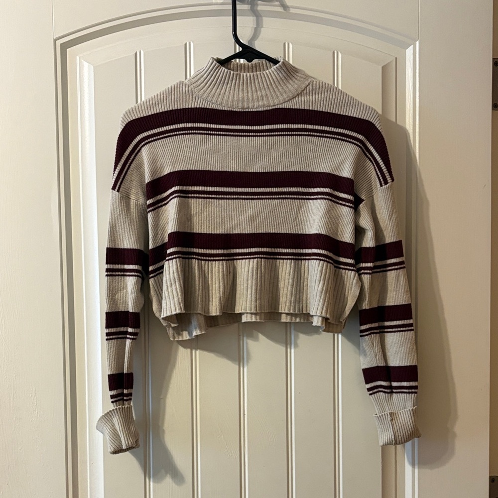 Arizona Jean Company Burgundy and Cream Striped Turtleneck Sweater